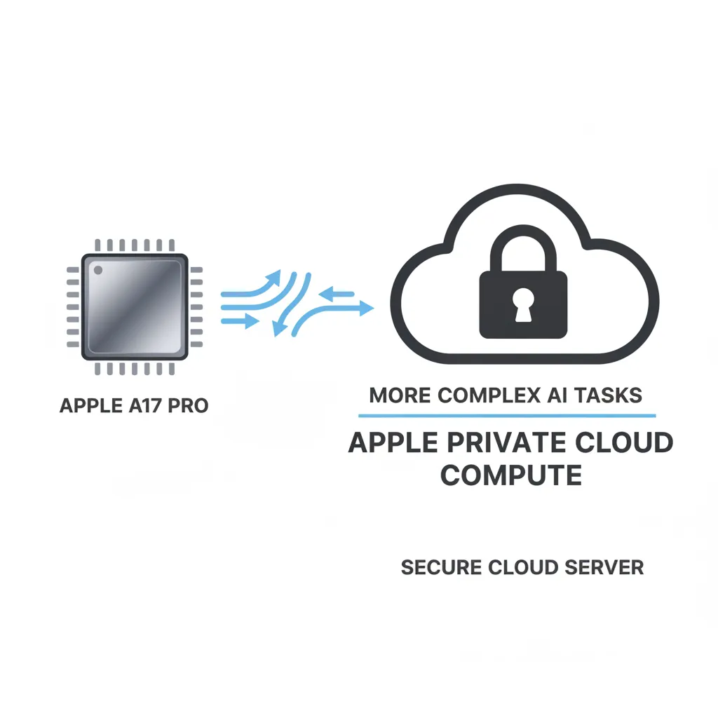 A diagram showing data being processed on an iPhone chip, with some data securely sent to a cloud with a padlock icon, representing Private Cloud Compute.
