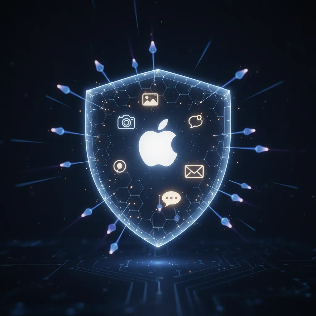 A secure, glowing Apple logo shielding user data, representing the privacy of Private Cloud Compute.