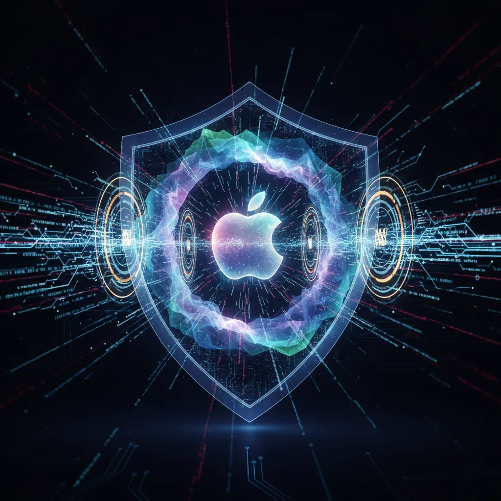 Abstract visualization of Apple's Private Cloud Compute, showing a secure shield protecting user data in the cloud.