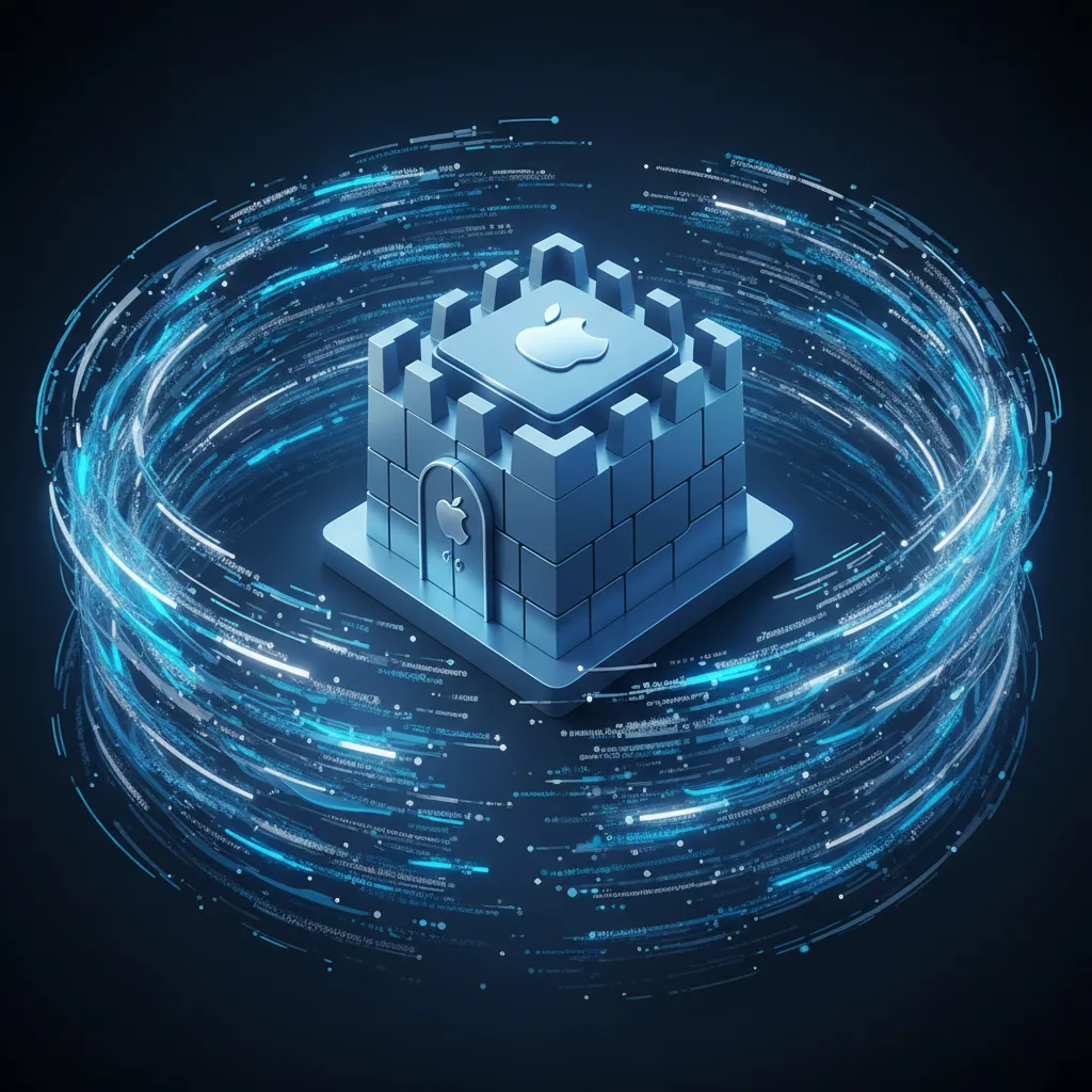 An abstract image of a secure digital fortress with the Apple logo, representing Private Cloud Compute.