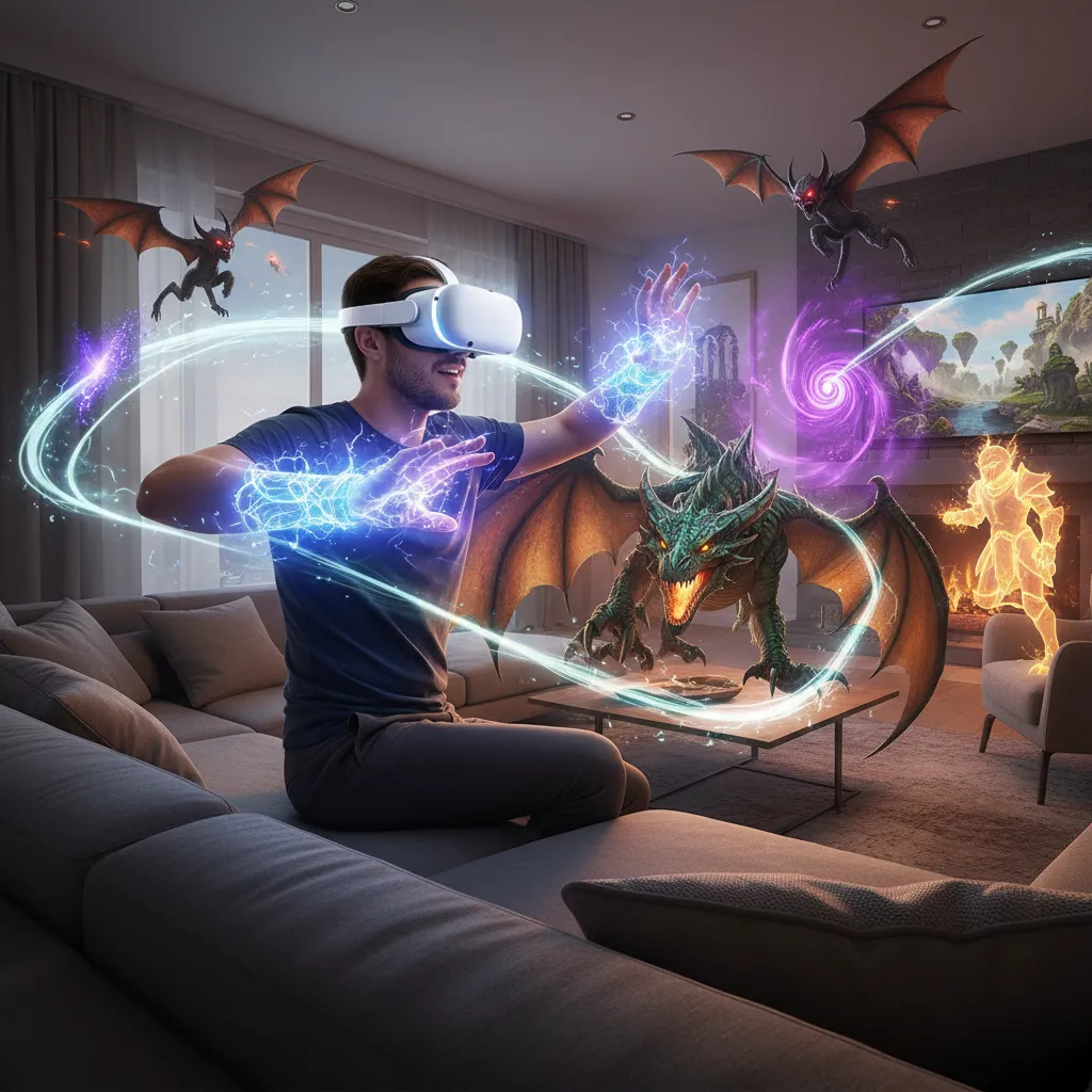 A gamer wearing the Apple Vision Pro, fully immersed in a visually stunning fantasy game world that blends with their living room.