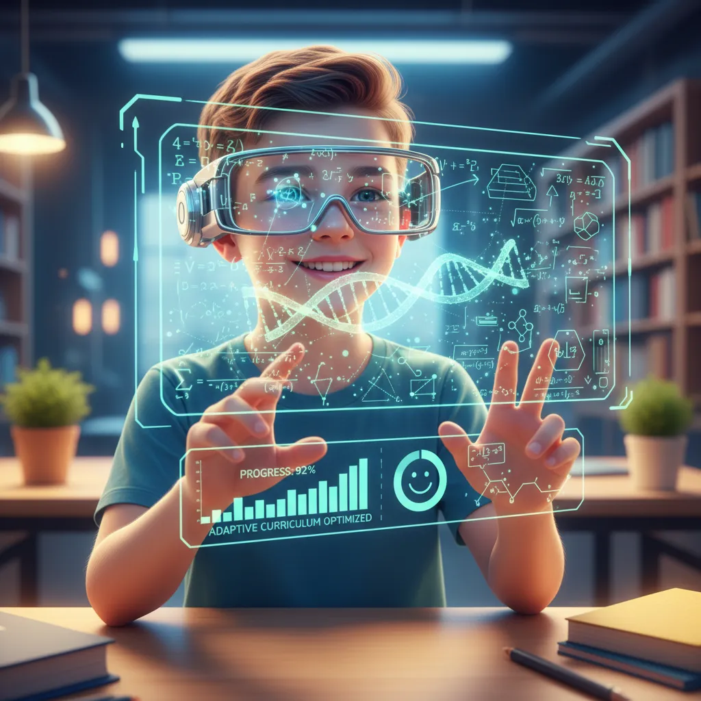 Student in AR glasses interacting with holographic educational content