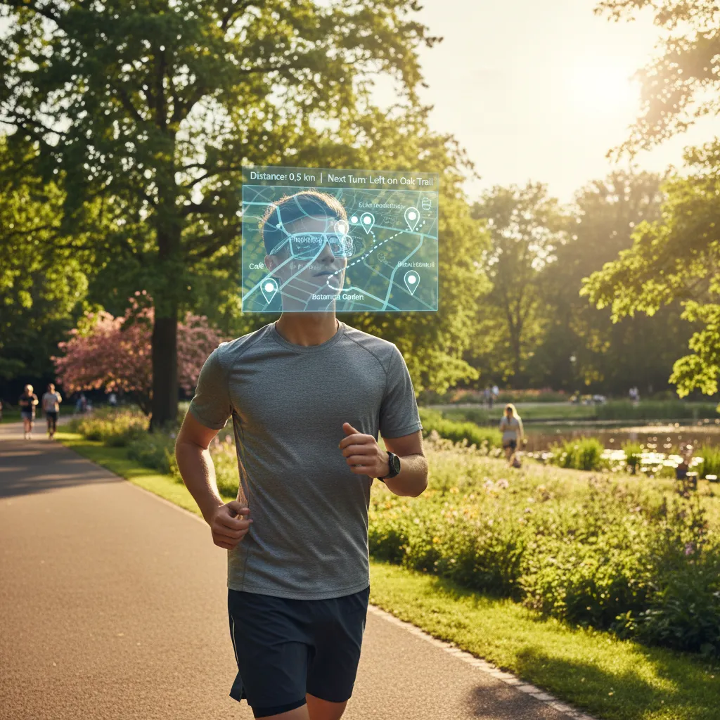 Person using AR smart glasses for navigation outdoors