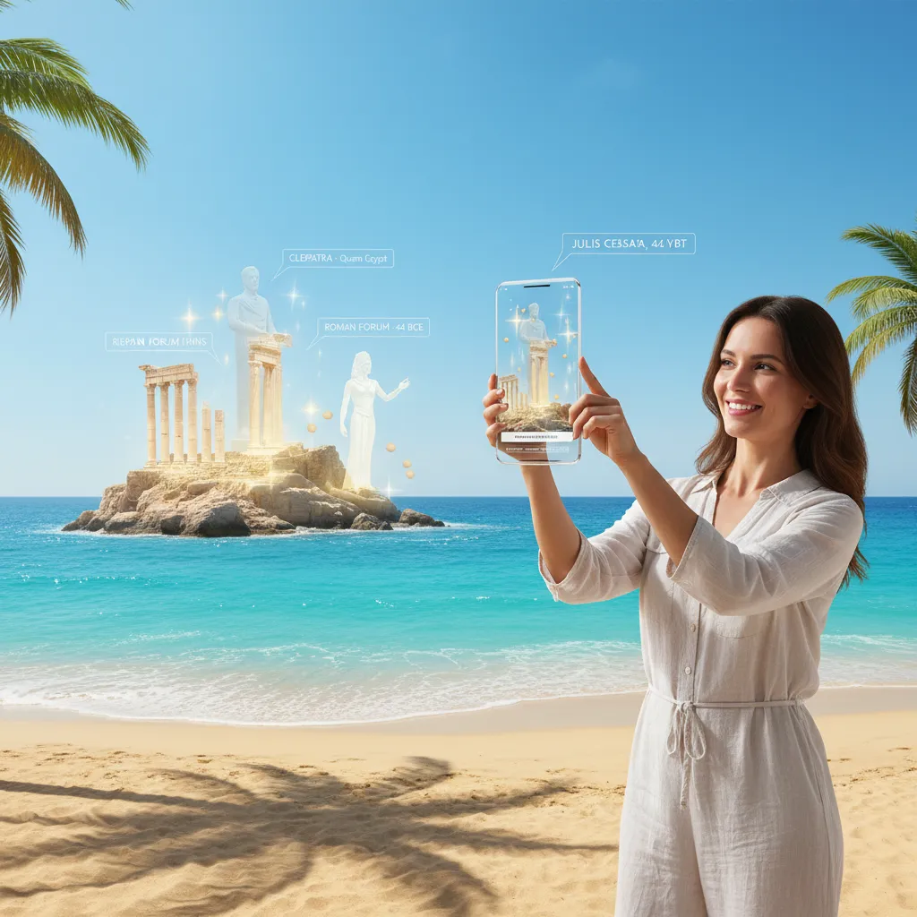 Person holding transparent device with AR overlay of ancient ruins.