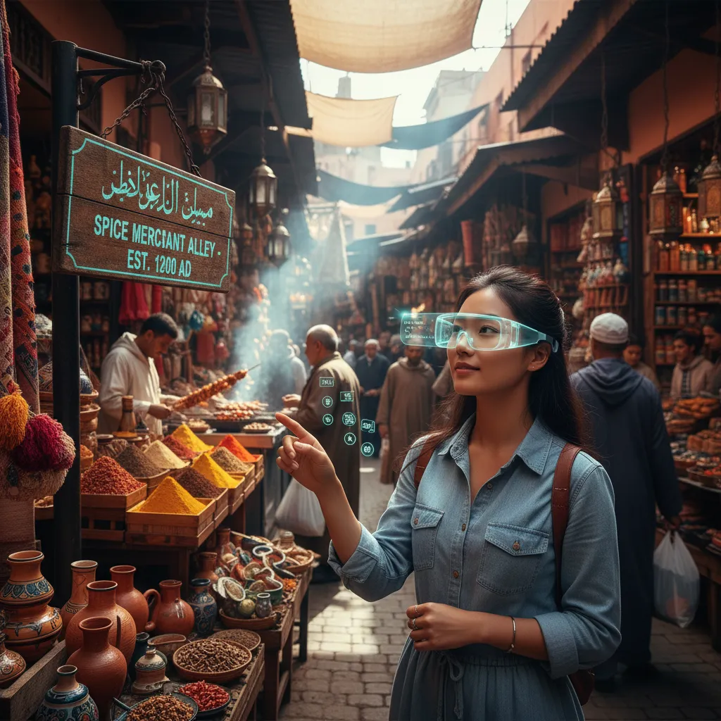 Traveler using AR glasses for real-time language translation in a bustling market