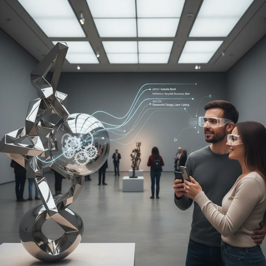 Couple viewing sculpture with AR overlay providing artist details in a modern museum