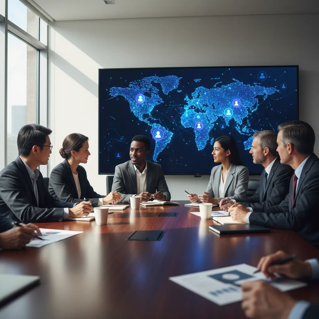 Private equity partners discussing AI-generated market insights for deal sourcing