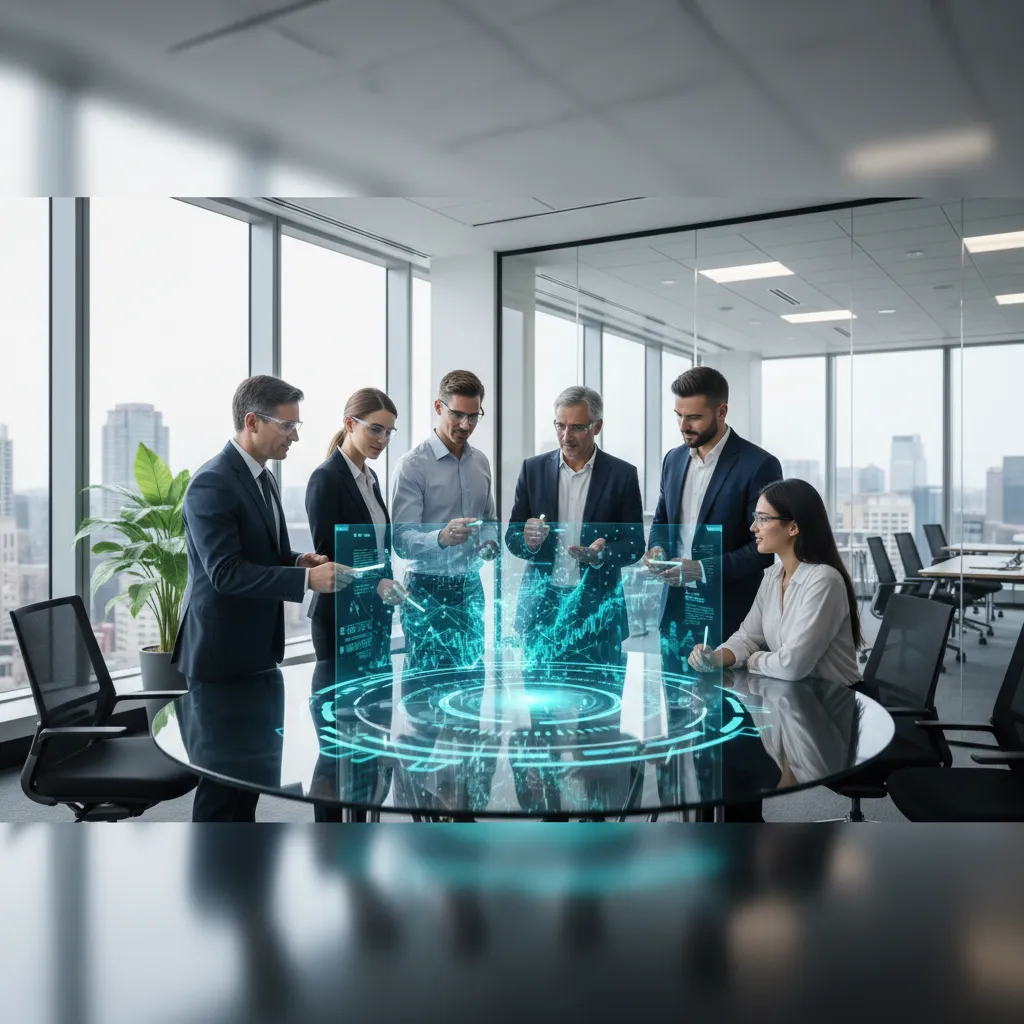 Financial advisors using AI-powered holographic display for wealth management strategy