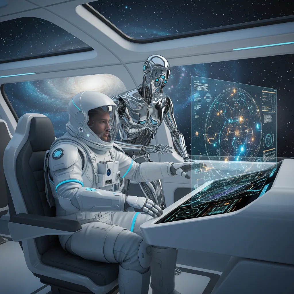 An astronaut and a humanoid AI companion collaborating in a futuristic spacecraft cockpit.