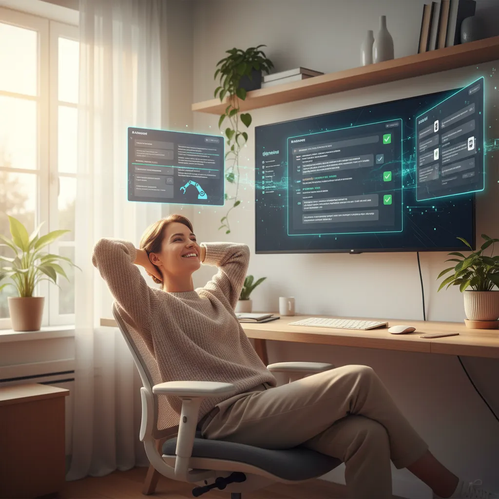 Person working calmly in a home office with AI automating background tasks