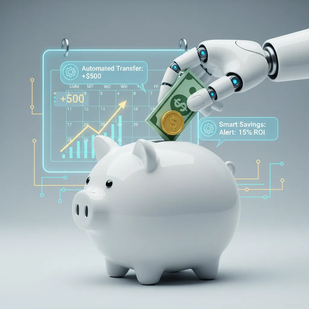AI robot hand automating savings into a piggy bank.