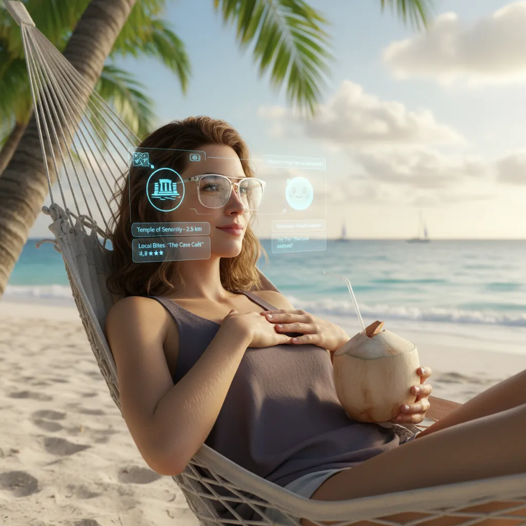 Person on a beach using smart glasses for AI travel guidance