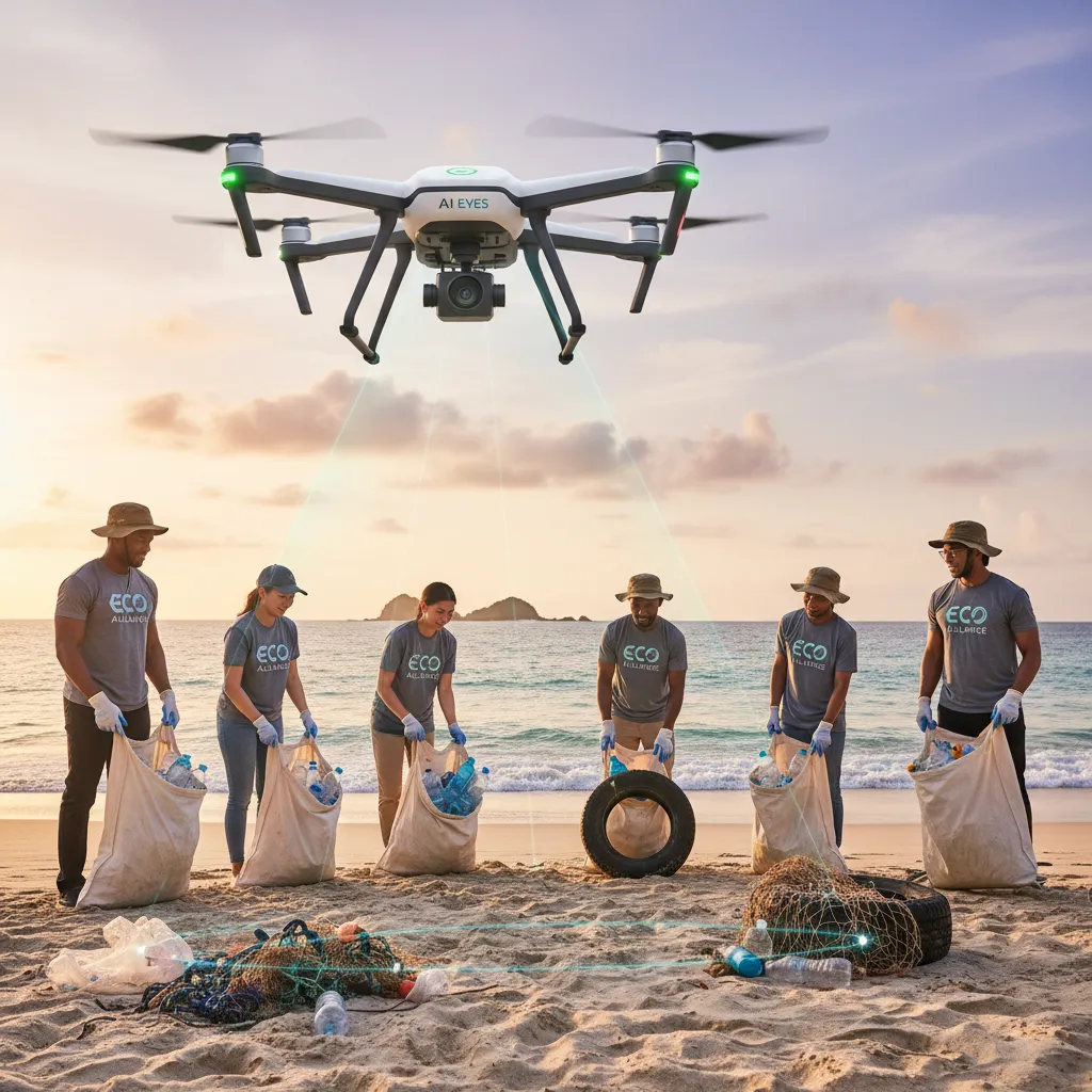 Travelers on beach cleanup with AI drone monitoring