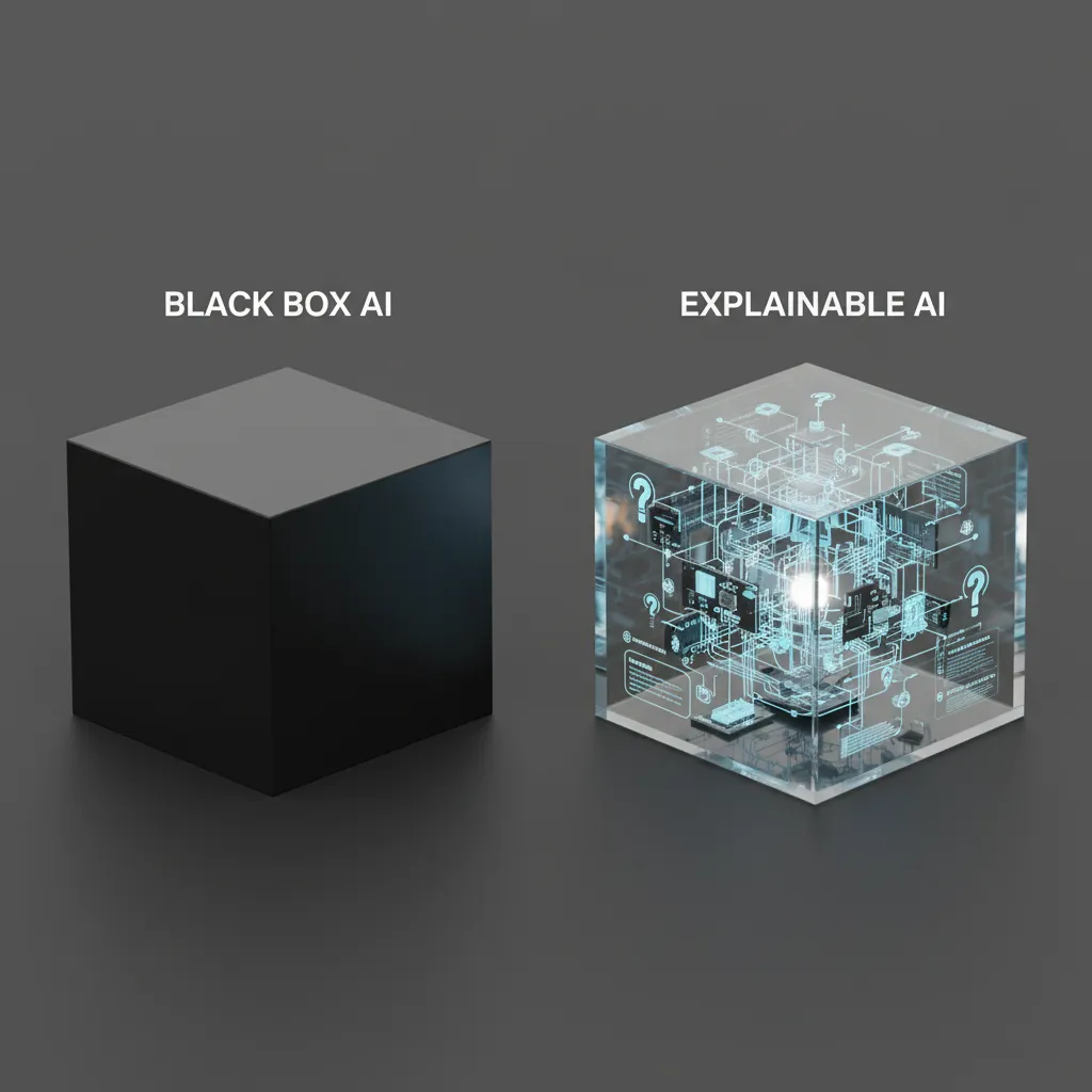Visual comparison of opaque "black box" AI and transparent "explainable" AI