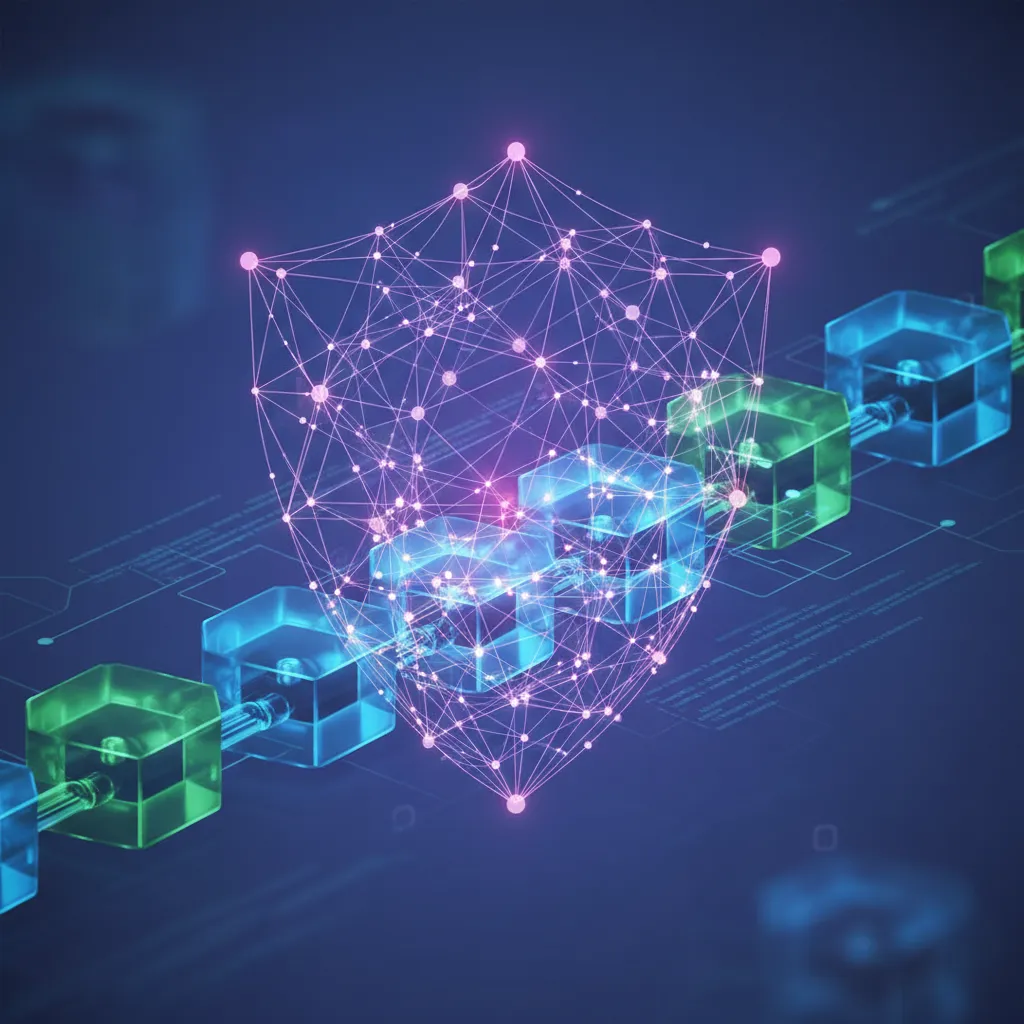 Blockchain blocks protected by a neural network representing AI security