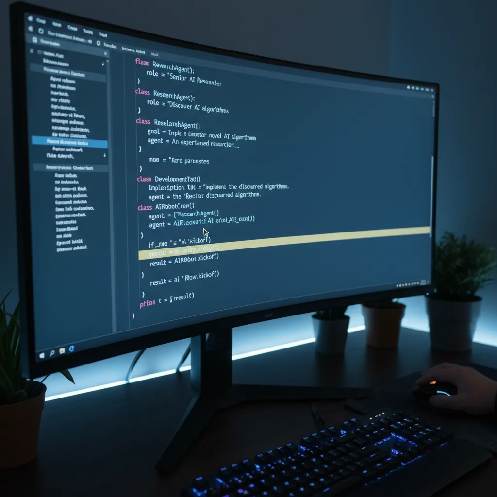 A developer at a computer, examining Python code for an AI agent framework like CrewAI or LangGraph.