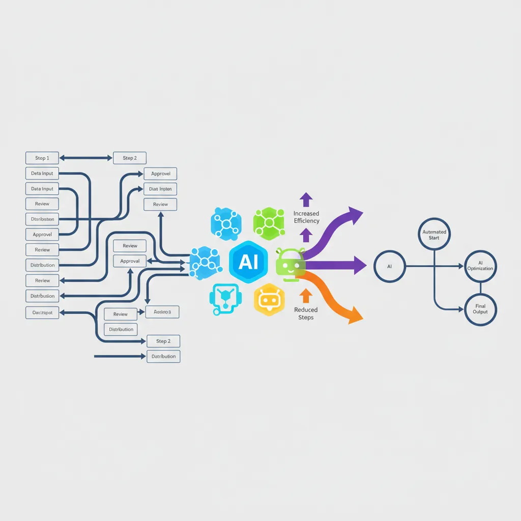 Infographic of a business process flowchart being streamlined by AI agents, showing increased efficiency