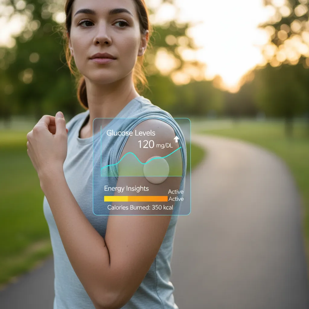 Person exercising with a CGM patch displaying real-time glucose data.
