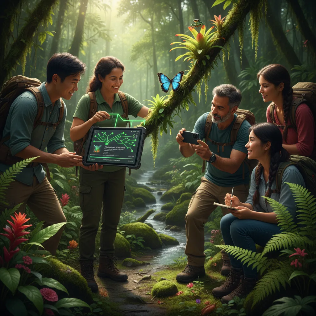 A group of travelers using a smartphone with an AI-powered app to identify a bird, contributing to a citizen science conservation project.