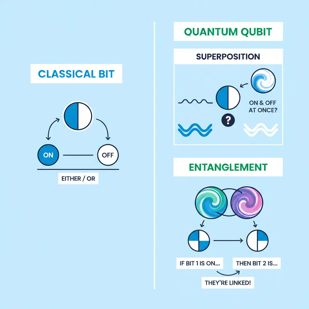 Infographic comparing classical bits and quantum qubits.