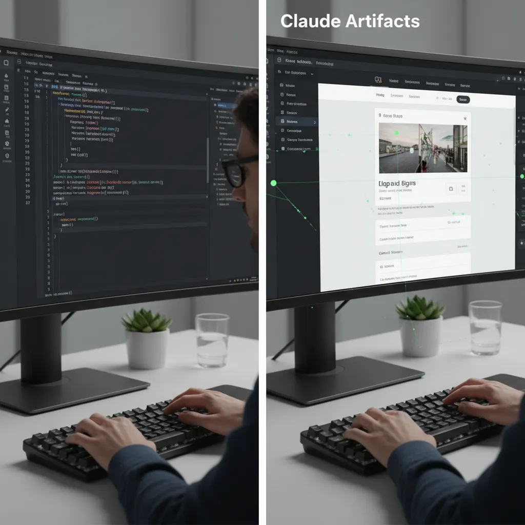 Split-screen view showing a developer coding on one side and the Claude Artifacts feature generating a live preview on the other.