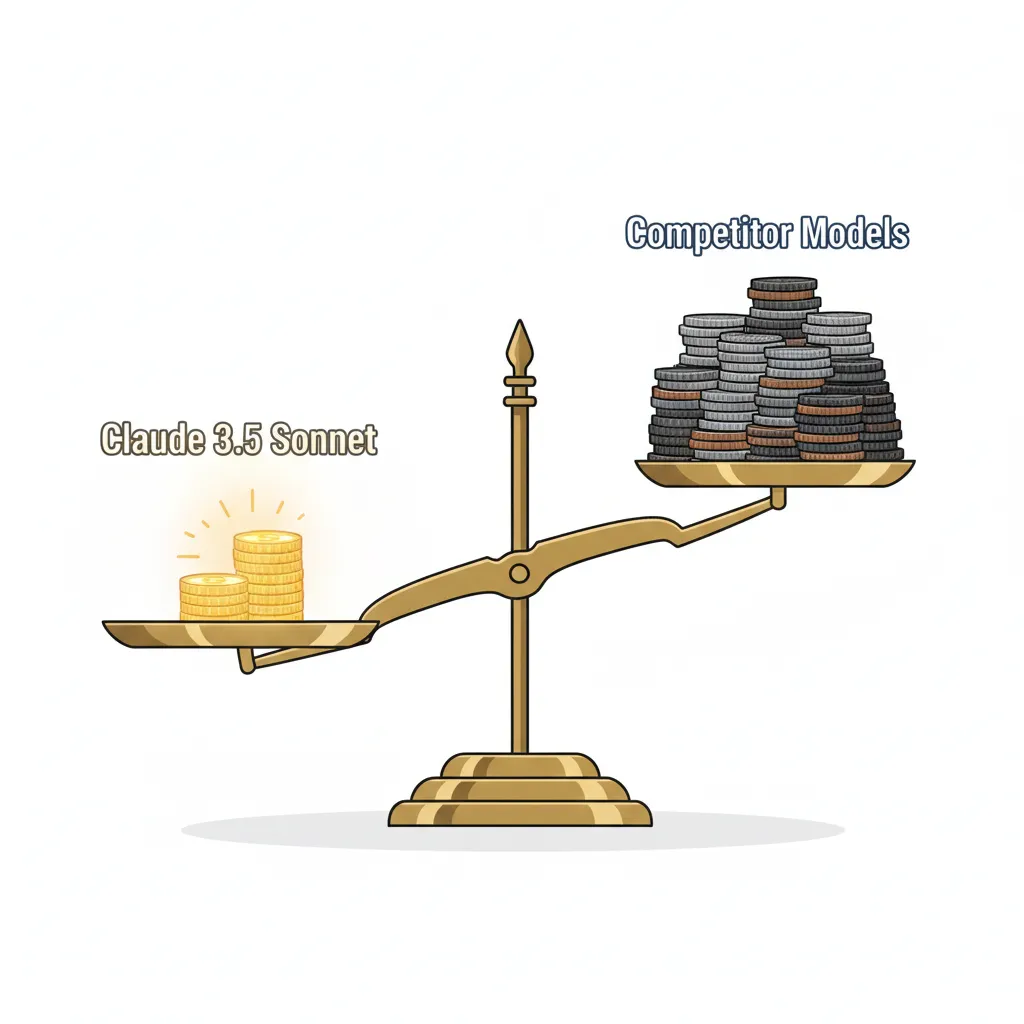 An animated infographic showing a set of scales, with a small, glowing stack of coins labeled 'Claude 3.5 Sonnet' outweighing a much larger stack of coins labeled 'Competitor Models', indicating better value.