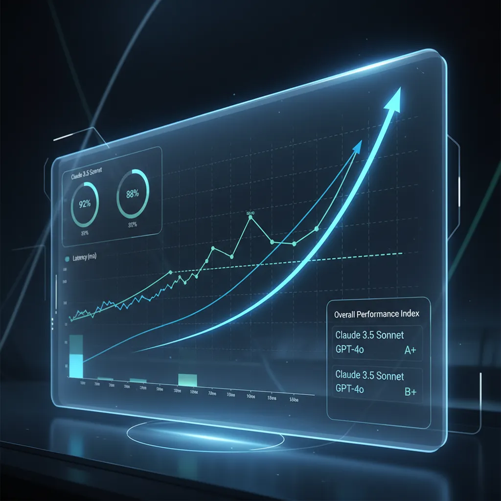 Dashboard showing performance benchmark graphs comparing Claude 3.5 Sonnet to other AI models.