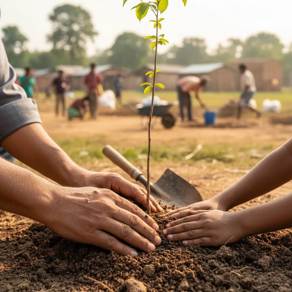 Hands planting a tree sapling in a rural community.