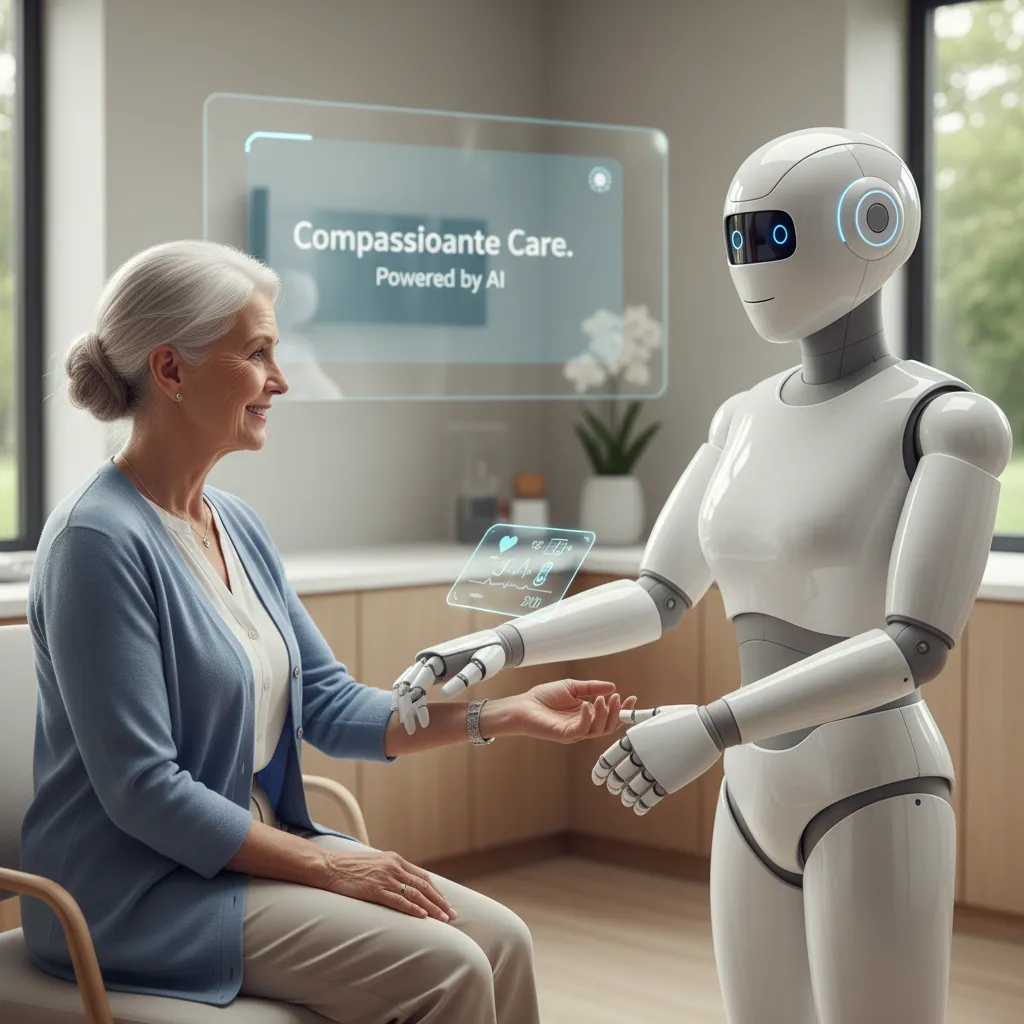 AI robot assisting elderly patient in clinic