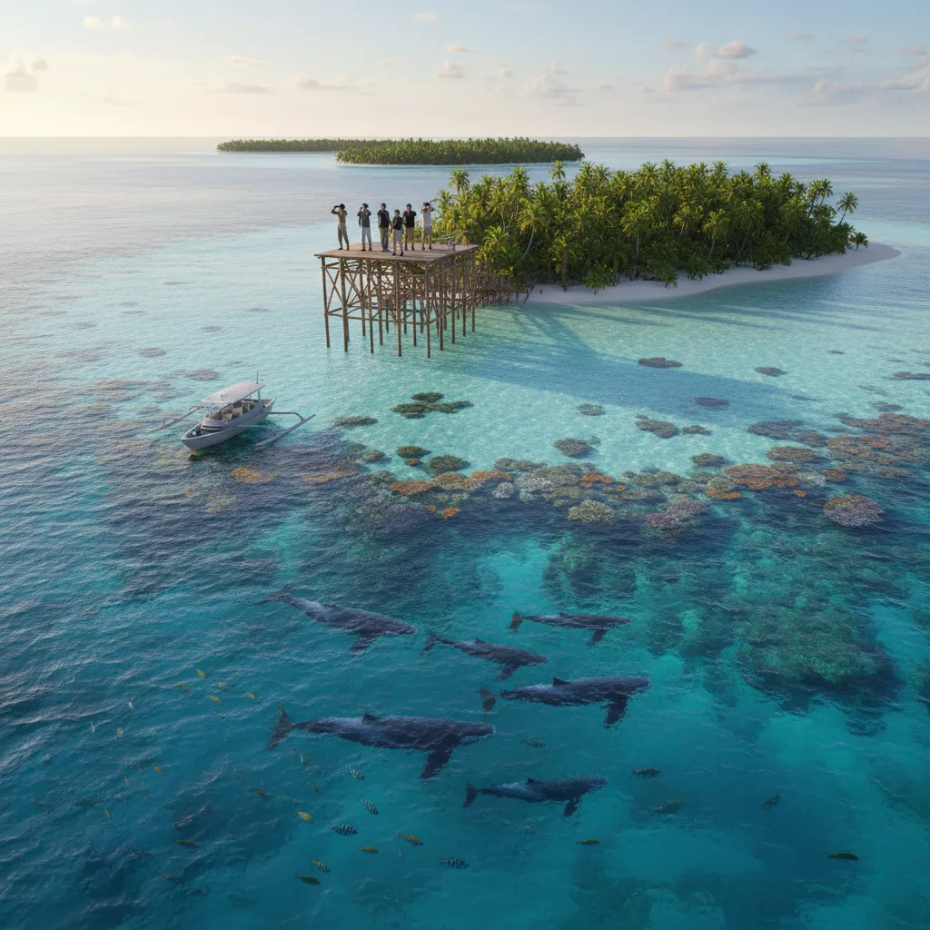 Aerial view of protected rainforest with travelers observing wildlife