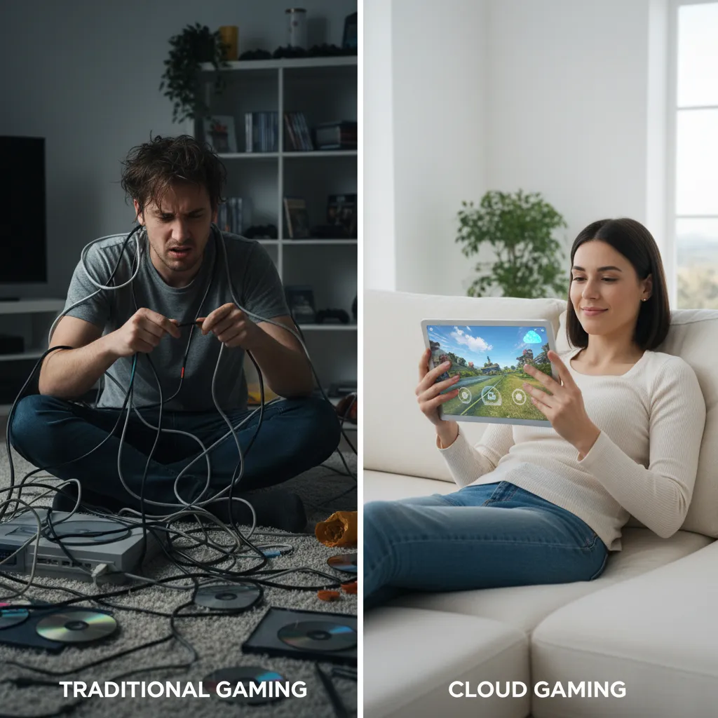 A side-by-side comparison showing a cluttered entertainment center with a console and cables versus a clean, simple setup with just a controller and a smart TV.