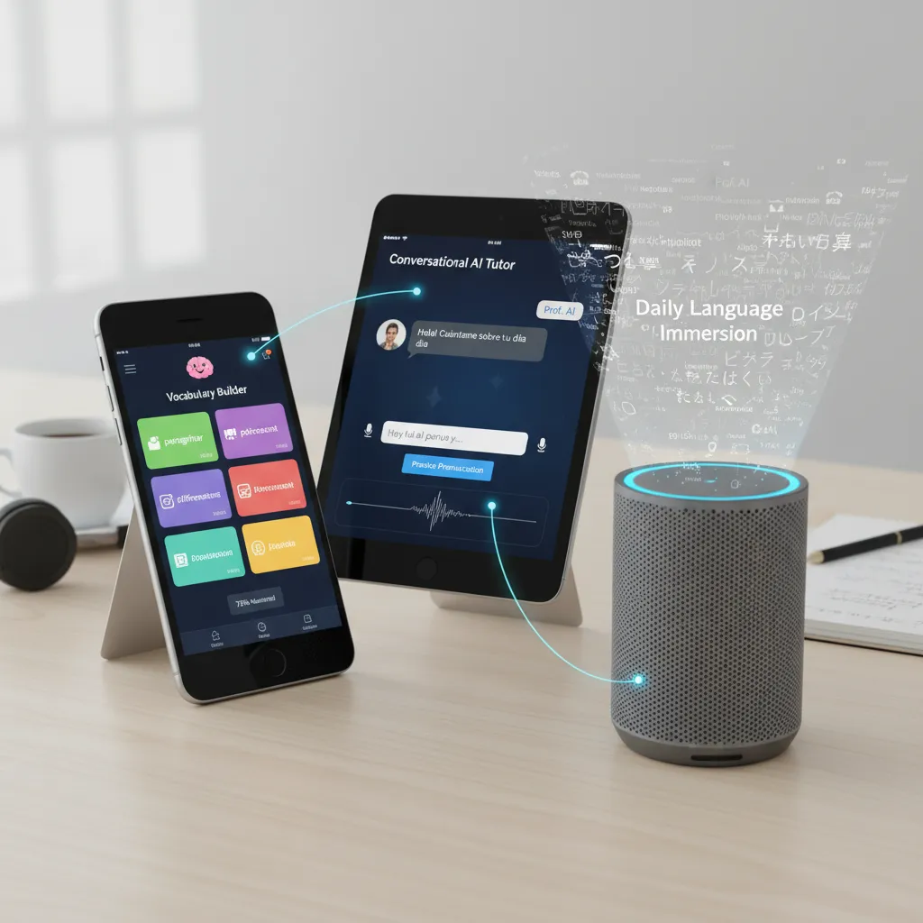 Smart devices showing AI language learning apps