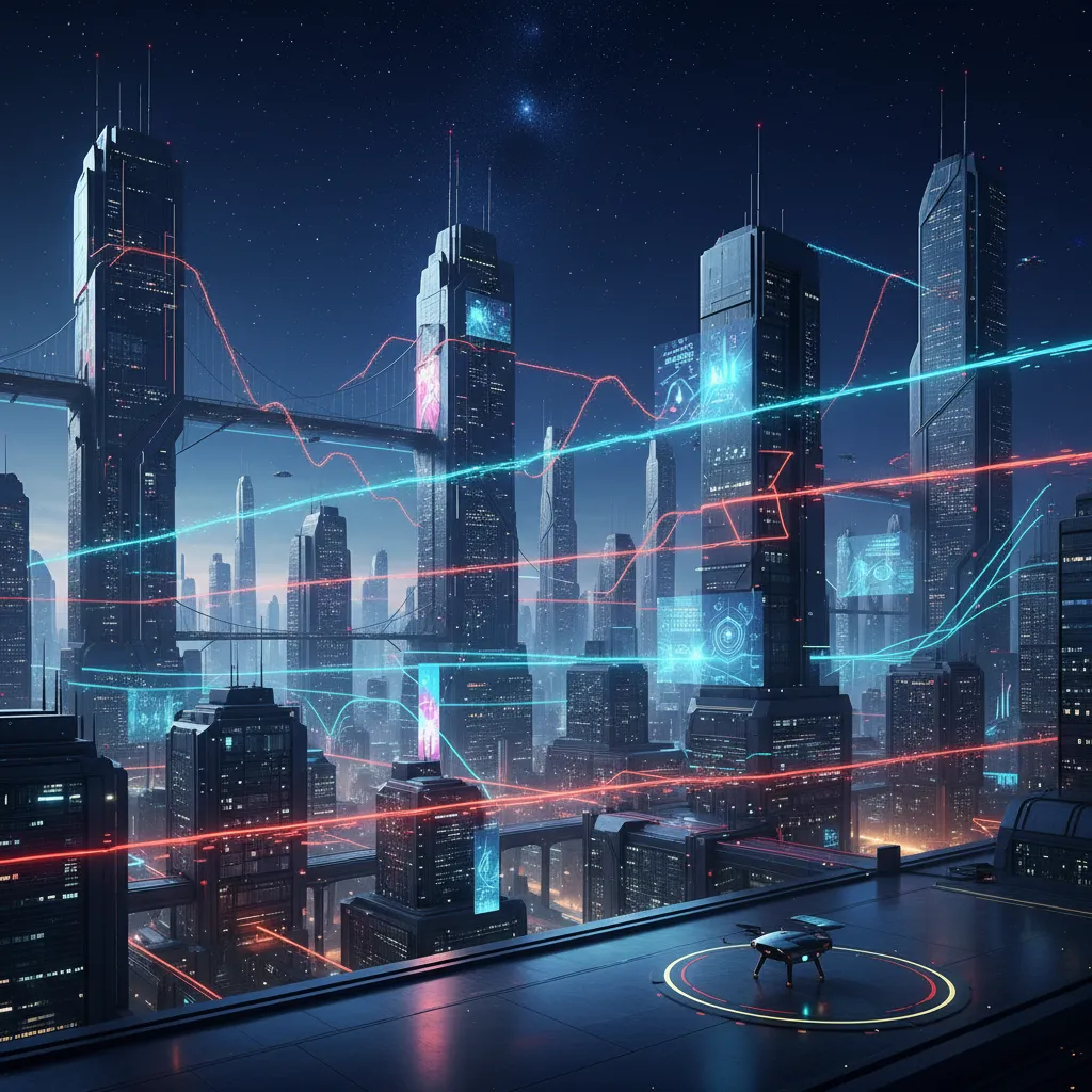 Futuristic cityscape with glowing data streams, some showing glitches.