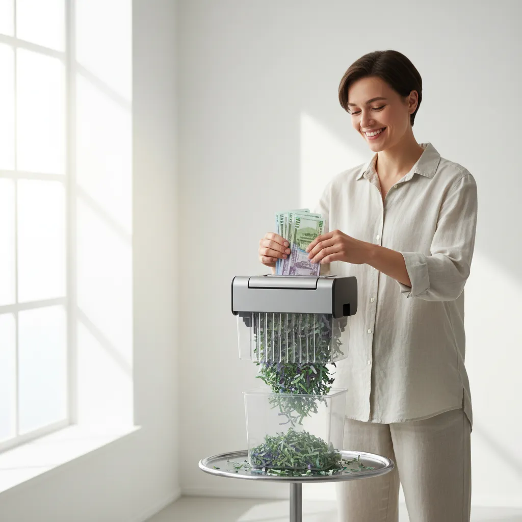 Person shredding bills, symbolizing debt reduction.