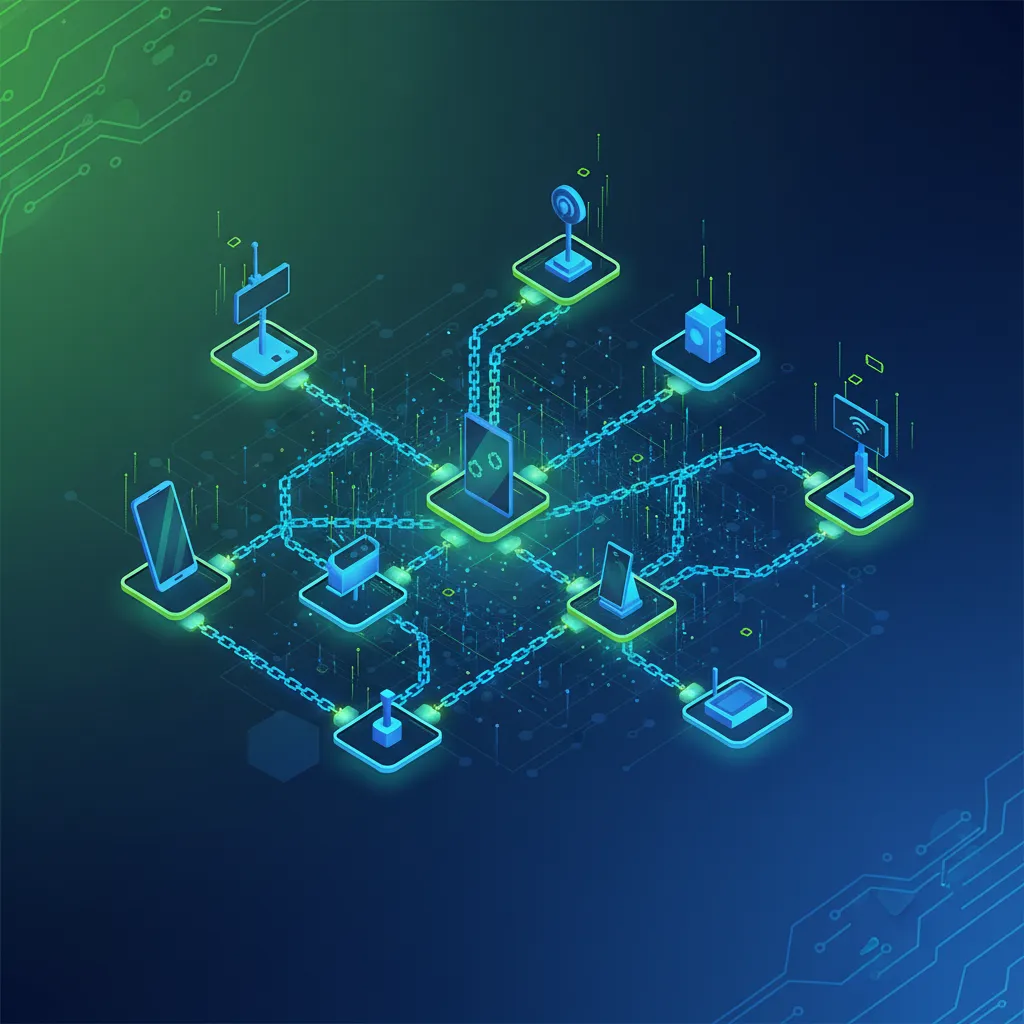 Abstract digital network showing interconnected devices and blockchain links, representing DePIN operation.