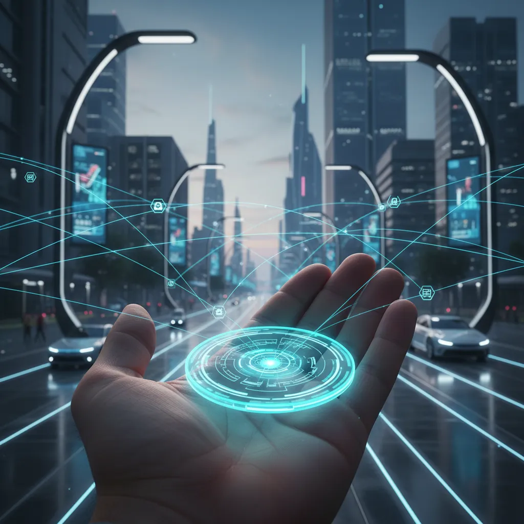 Hand holding a glowing digital token against a background of smart city infrastructure, illustrating DePIN's tokenized assets.