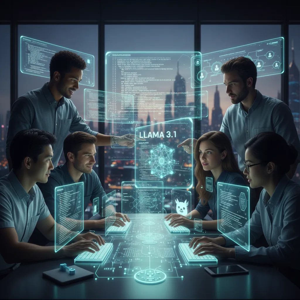 Developers collaborating with Llama 3.1 code on holographic interfaces