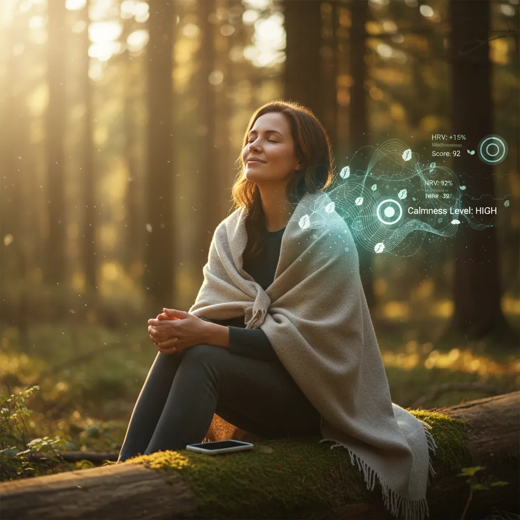 A person sitting peacefully in a lush, natural environment, with a faint, transparent digital overlay of an AI interface suggesting a guided digital detox experience