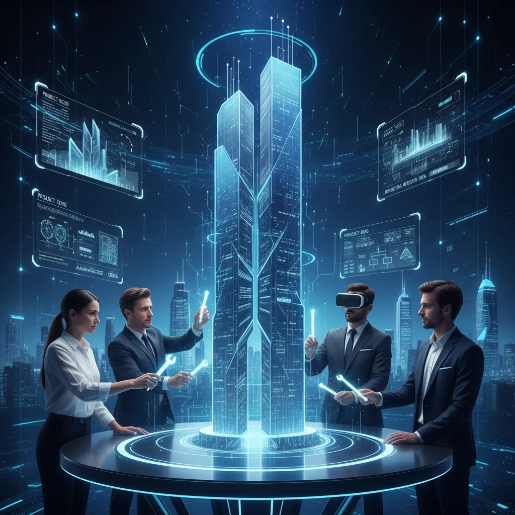 Architects and engineers collaborating on a 3D building model using digital twin technology in the metaverse.