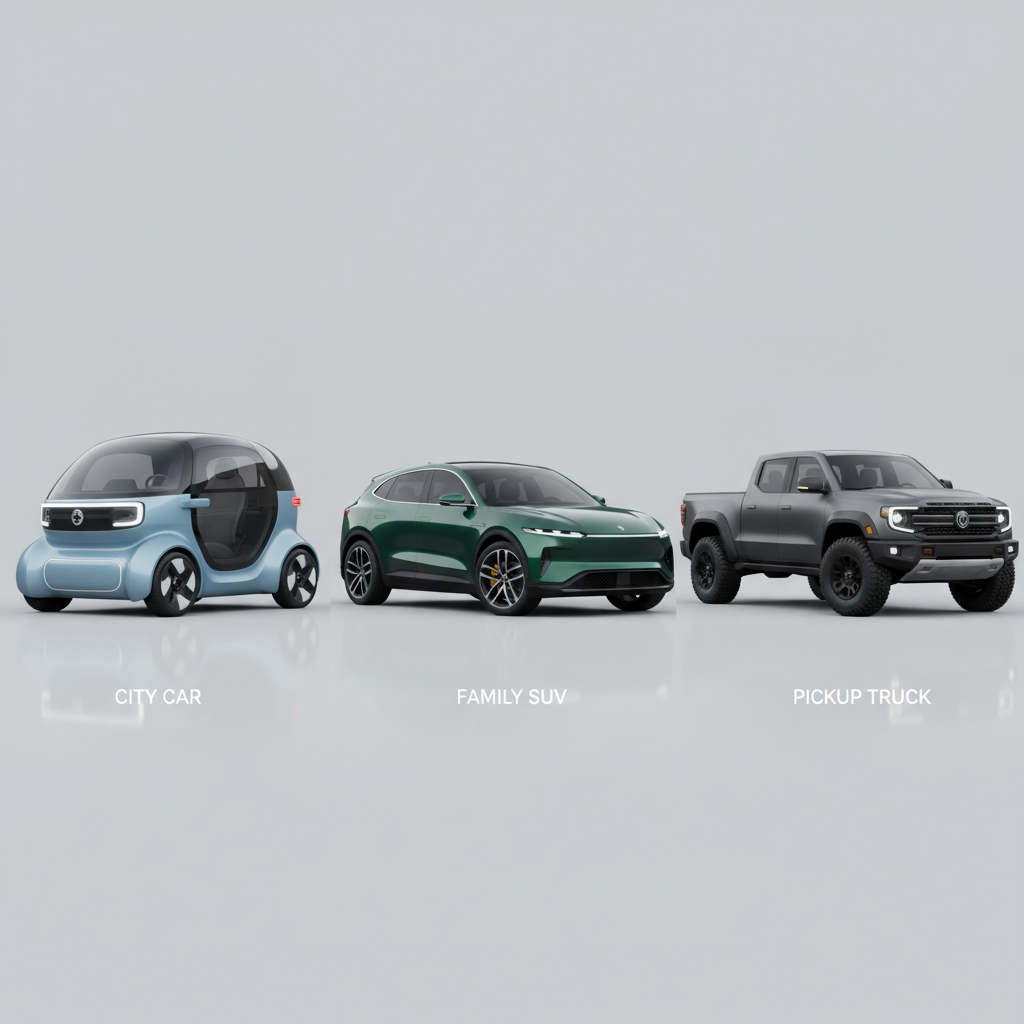Variety of electric vehicle models including cars, SUVs, and trucks