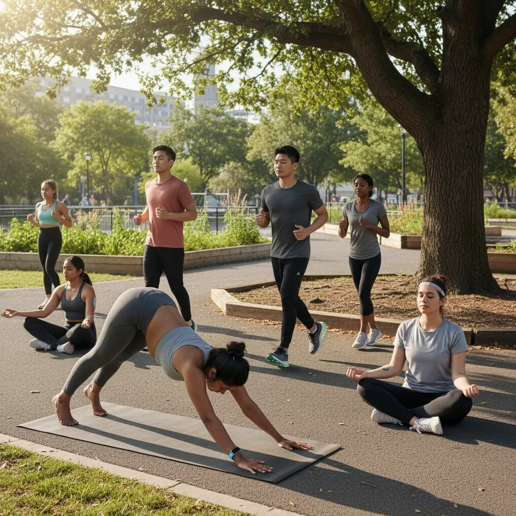 Diverse group doing wellness activities with AI wearables