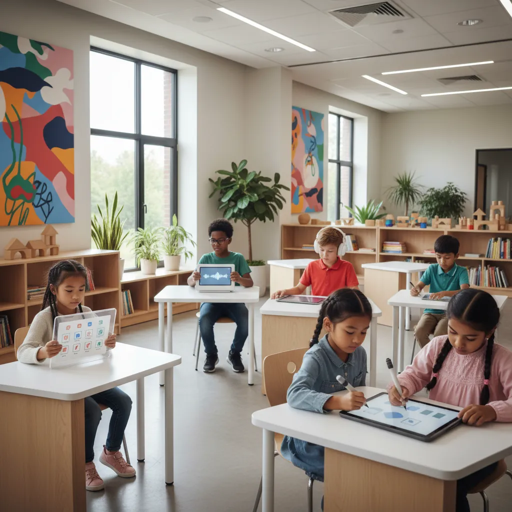 An inclusive digital hub on a tablet showing various AI tools designed for diverse learners with different needs