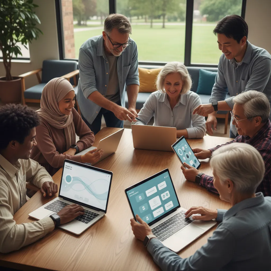 Diverse users interacting with AI mental health tools