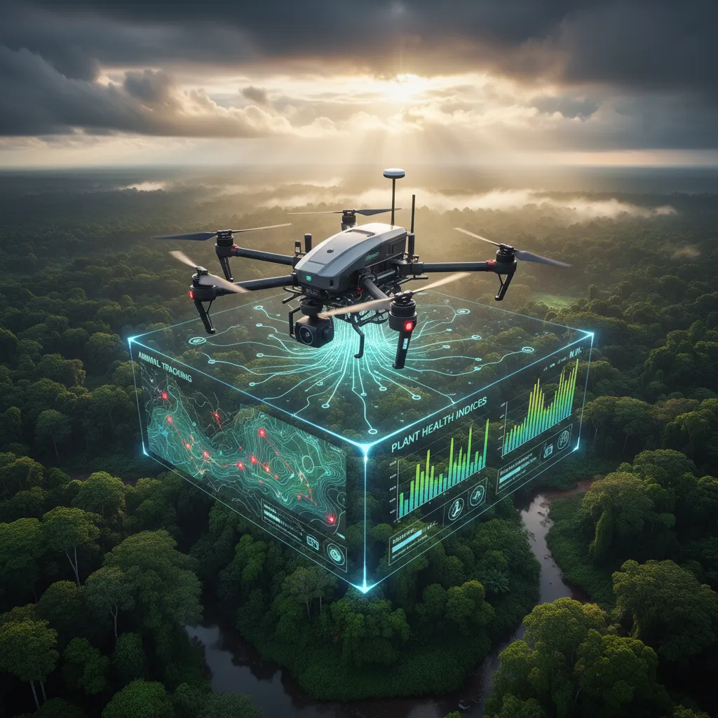 AI drone monitoring wildlife in forest