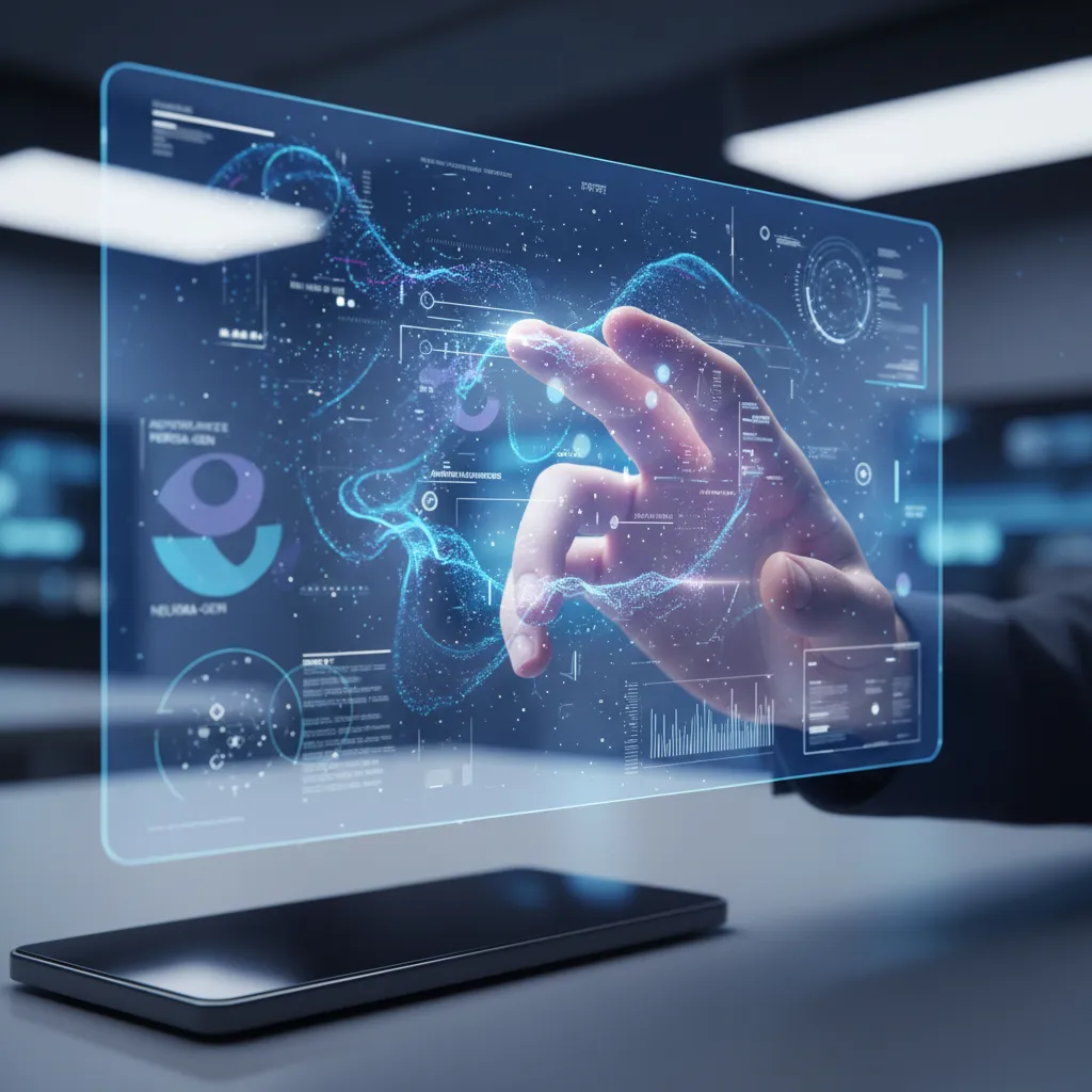 Hand interacting with a holographic display of real-time adapting AI-generated content.