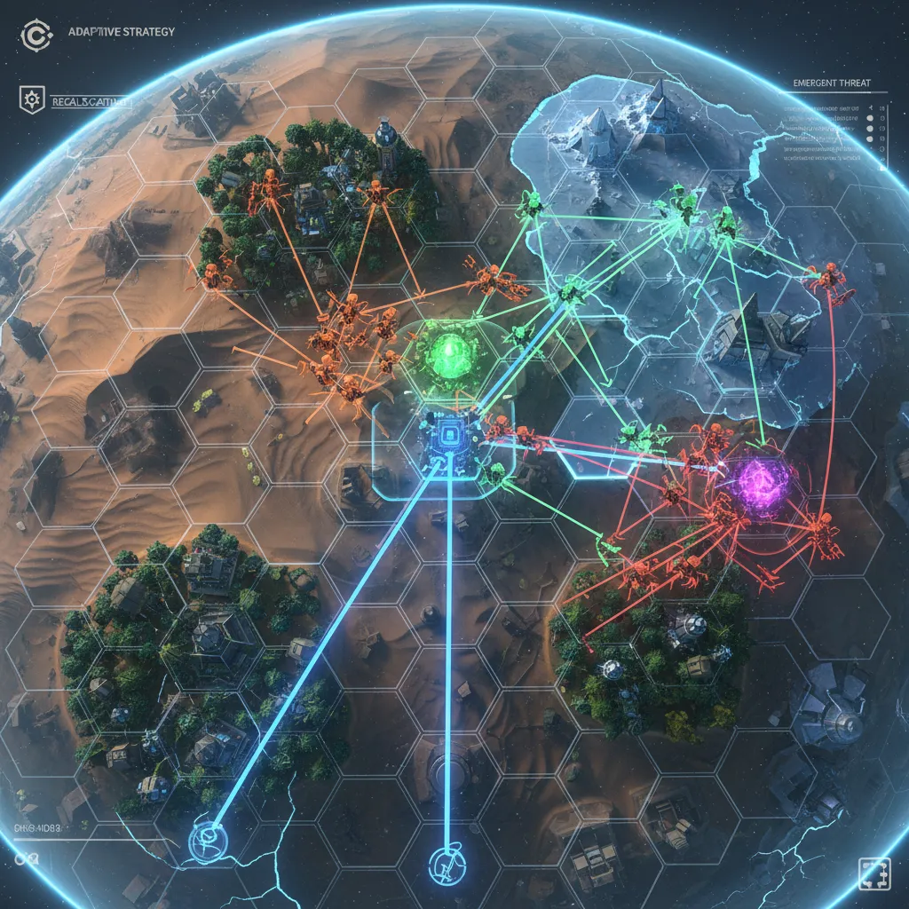 Overhead view of a strategy game map showing AI NPCs reacting to game events
