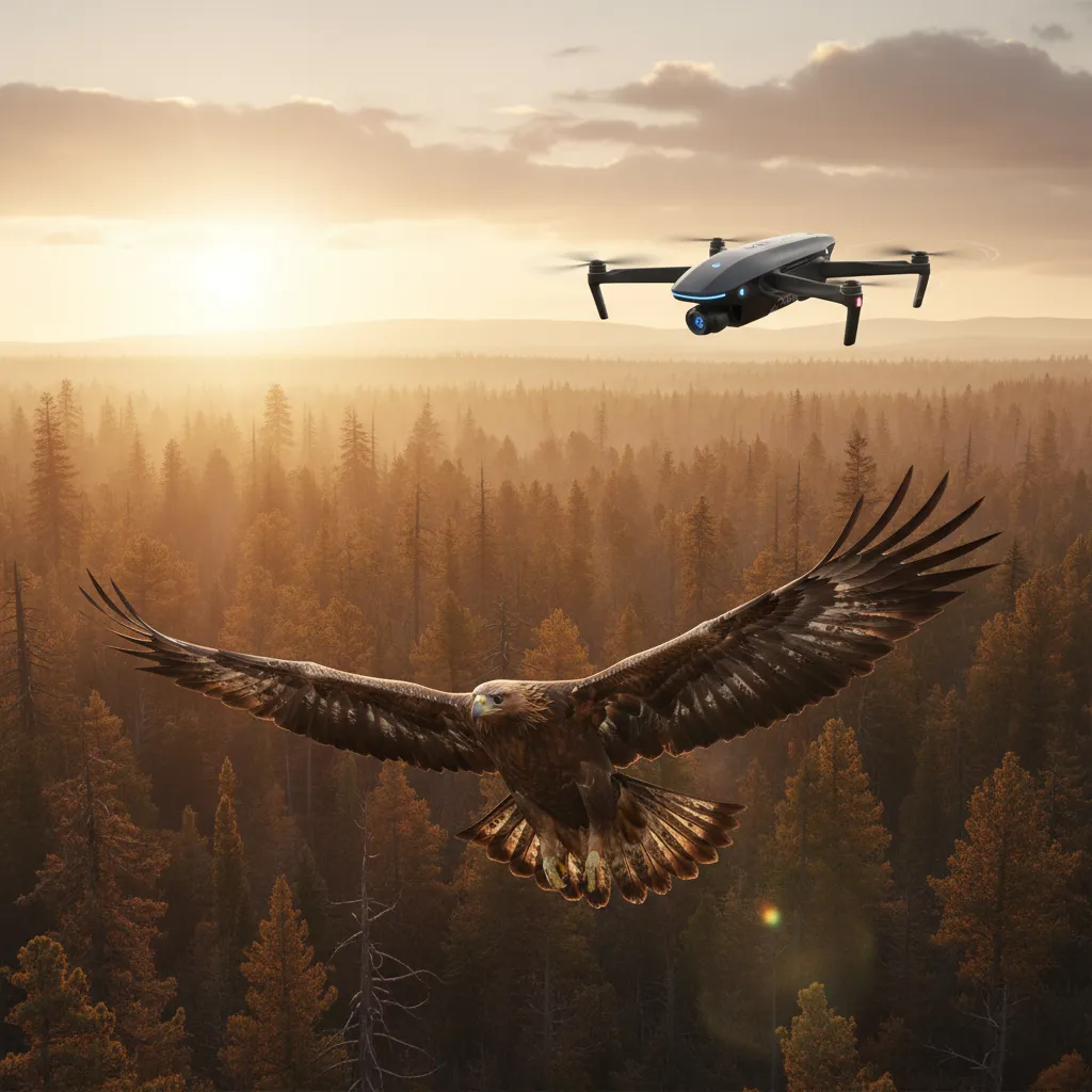 Eagle soaring above forest with a subtle AI drone in background