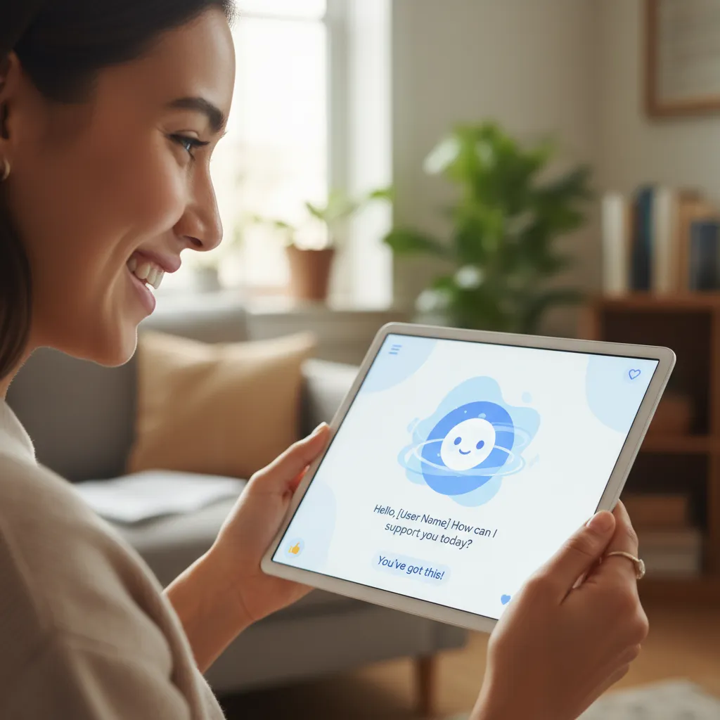 Person smiling at a friendly AI interface, showing emotional support