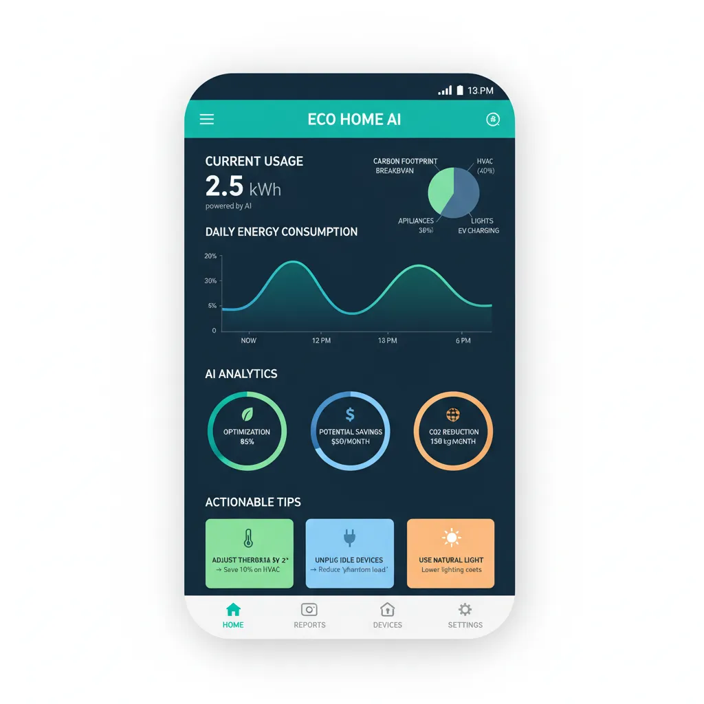 AI energy monitoring app interface showing detailed consumption analytics on a smartphone.