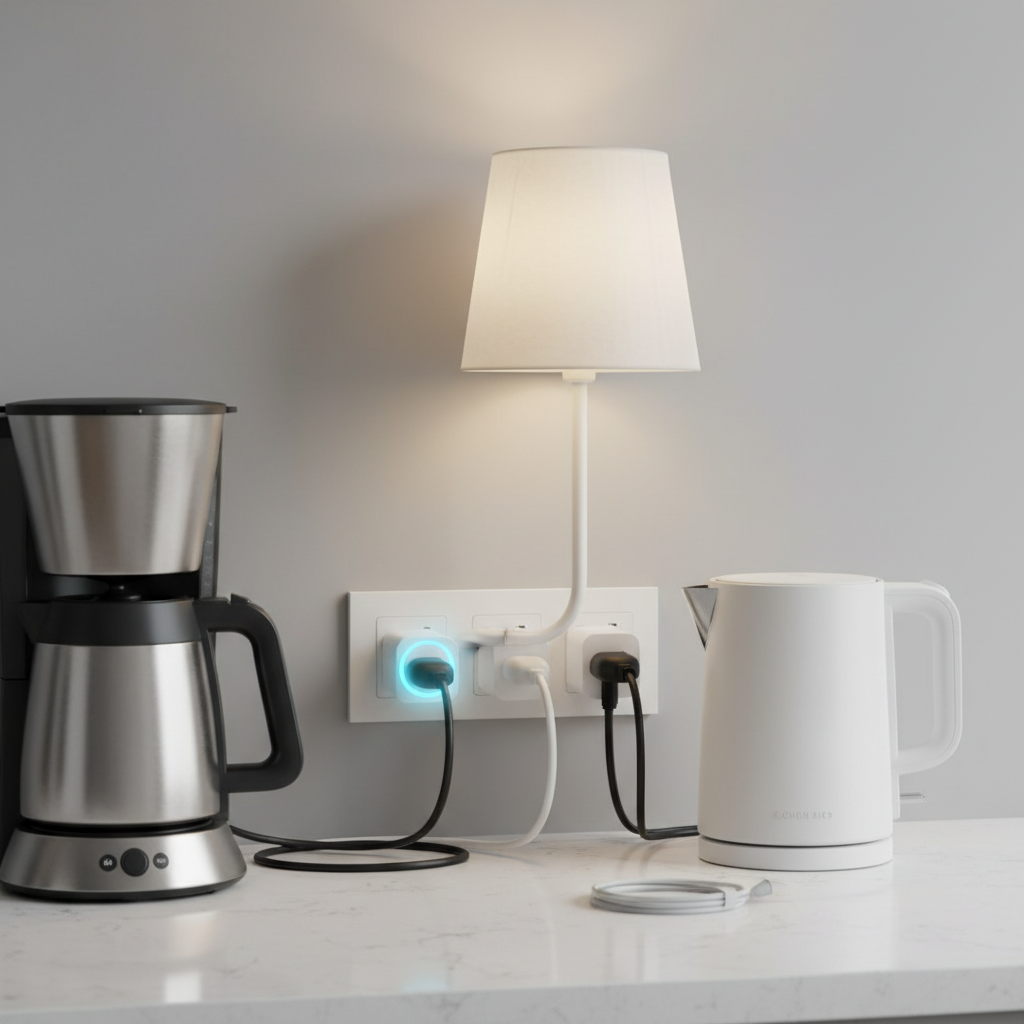Smart plugs connected to home appliances, monitoring energy usage.